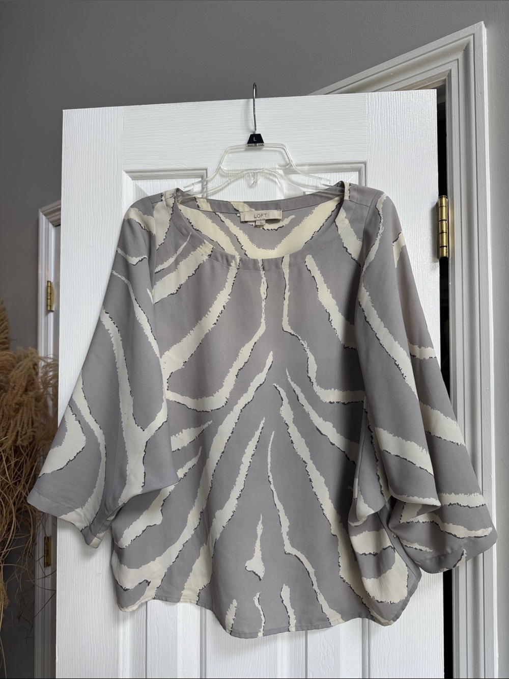 LOFT Taupe and Cream Abstract Zebra-Print Blouson Top